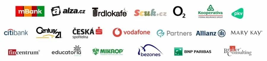 Loga firem: mBank, Alza, O2, Kooperativa, Citibank, Century 21, Česká spořitelna, Vodafone, Partners, Allianz, Mary Kay, BNP Paribas a další
